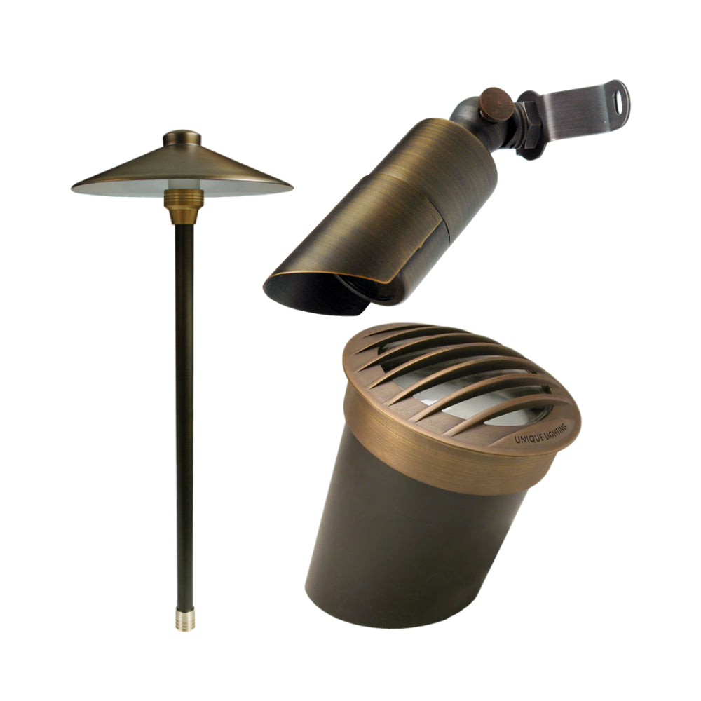 Solid Brass Low Voltage Outdoor Landscape Light Pathway & Spot Combo X