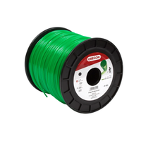 Product image of Oregon .105 in (2.7 mm) round trimmer line on a 1 lb donut spool, green co‑polymer line visible with label and packaging details.