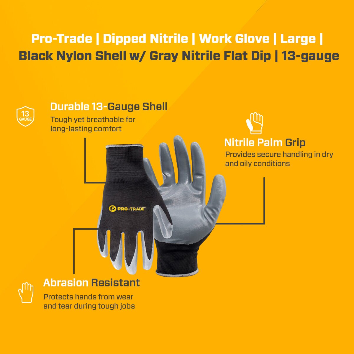 Pro-Trade 13-Gauge Nitrile Dipped Work Gloves — Black