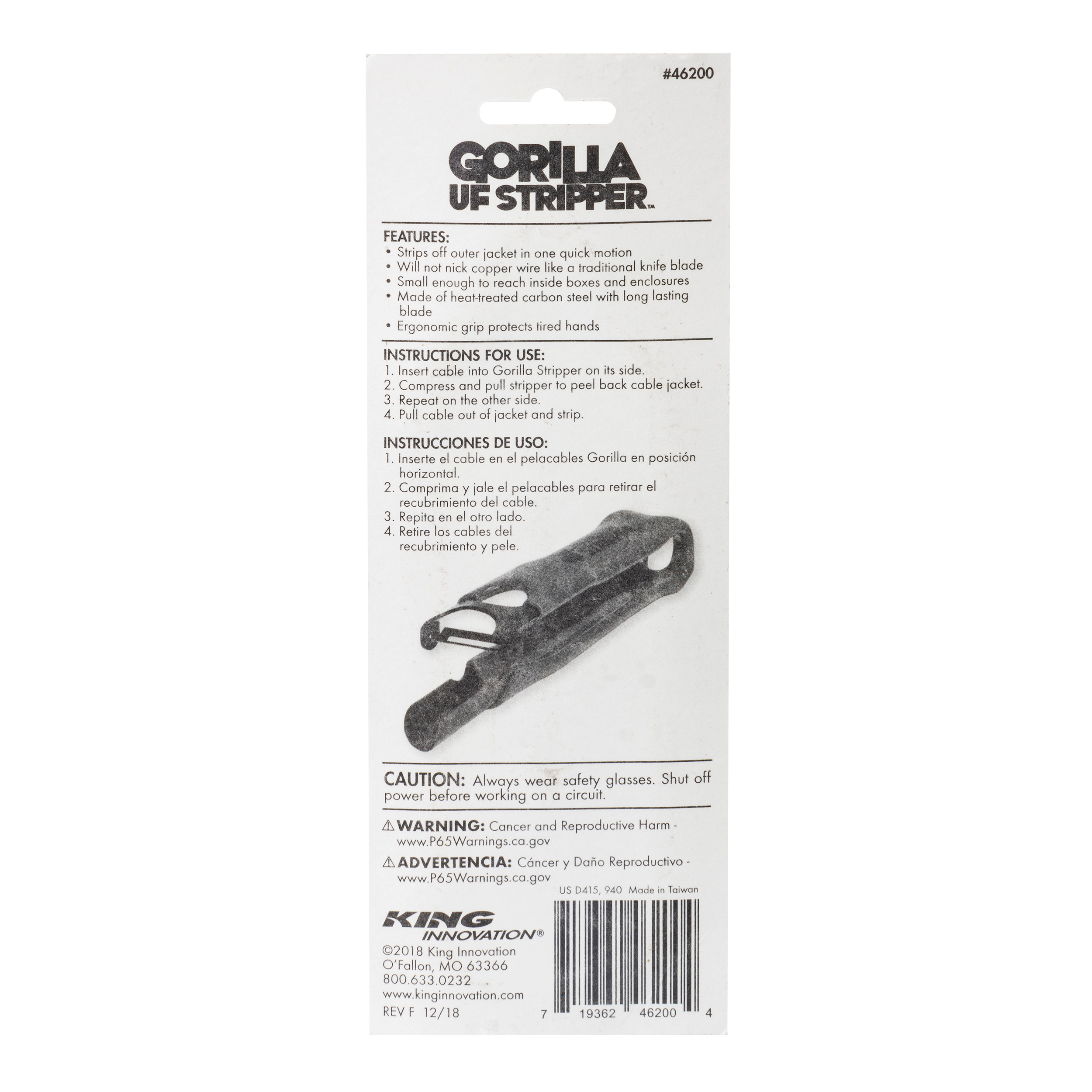 Product specification and packaging view for King Gorilla model 46200, listing wire range #14-#10 AWG, UPC 719362462004, and part number.