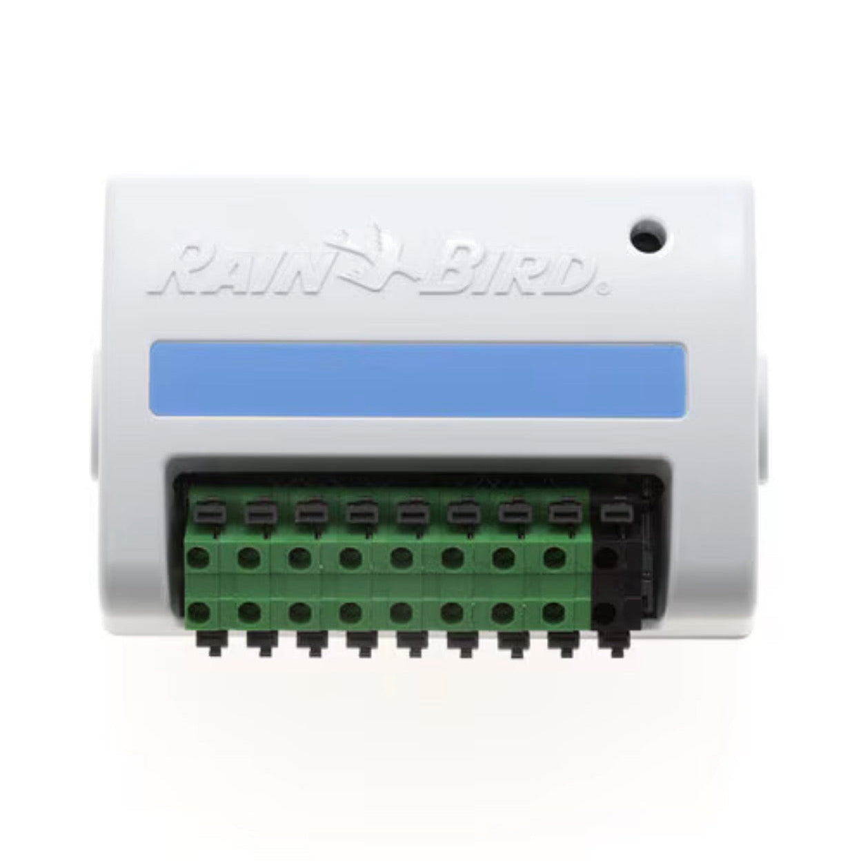 Rain Bird ESPLXMSM8 8-station expansion output module, front-facing view showing module label, LEDs, mounting tabs, and connector locations.