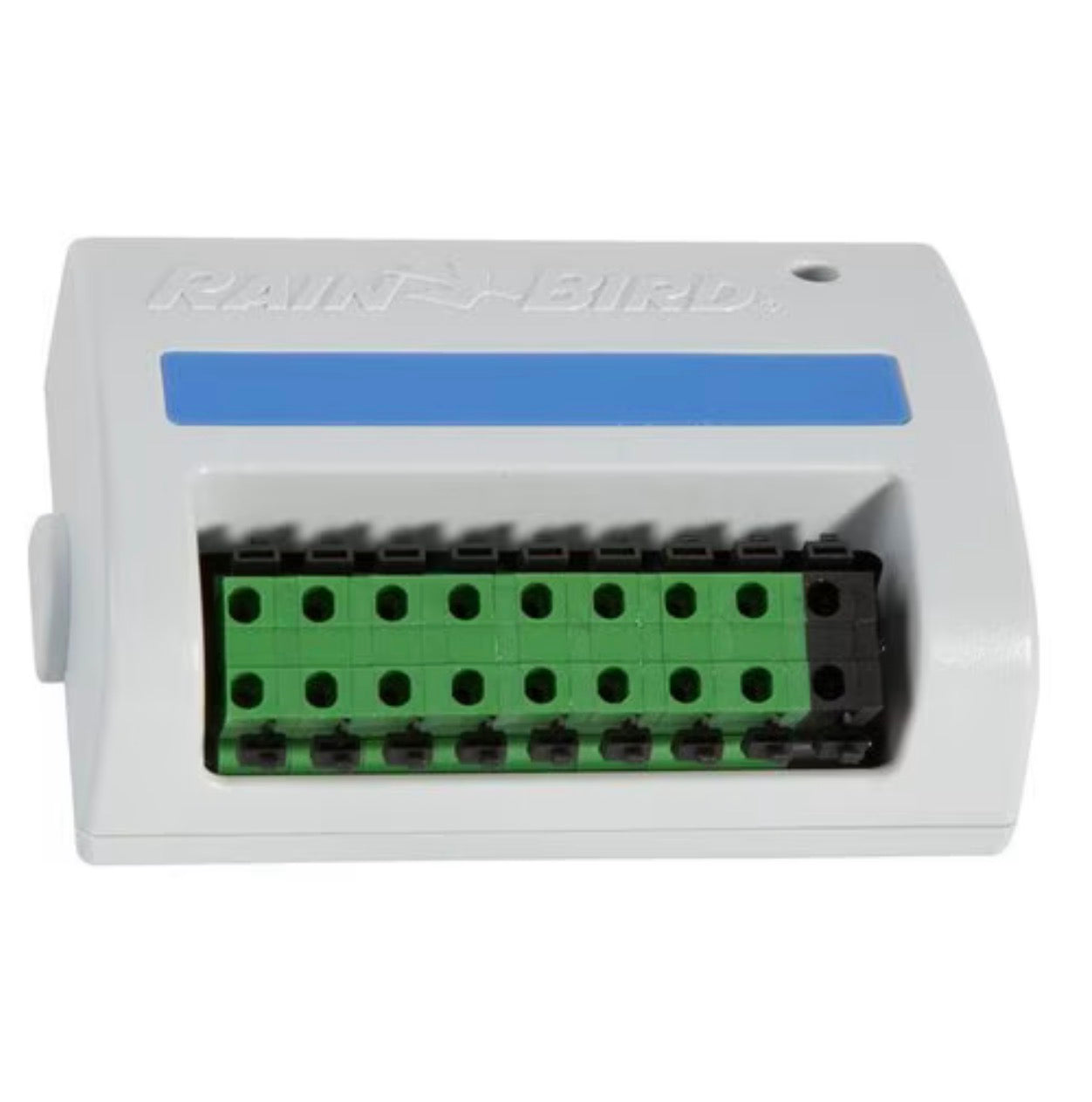 Close-up of Rain Bird ESPLXMSM8 showing screw terminal block and wiring points for field connections with printed station labels.