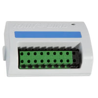Close-up of Rain Bird ESPLXMSM8 showing screw terminal block and wiring points for field connections with printed station labels.