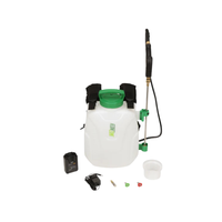 Side view of FlowZone Storm 2.5 with pressure-washer-style spray gun attached, black UV-resistant hose coiled, and visible click-in-place control knob.