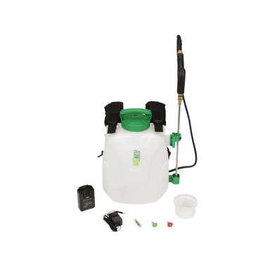 Side view of FlowZone Storm 2.5 with pressure-washer-style spray gun attached, black UV-resistant hose coiled, and visible click-in-place control knob.