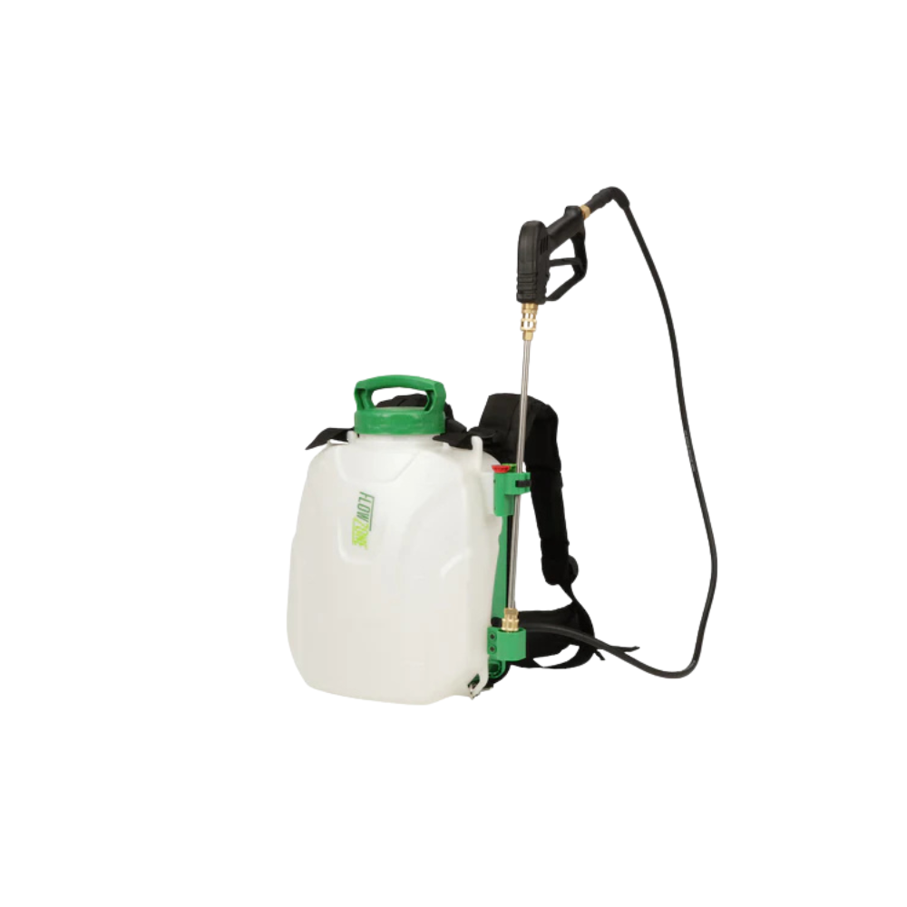 Front view of FlowZone Storm 2.5 backpack sprayer showing 2.5-gallon tank, ComfortStraps harness, 18V battery and spray wand, studio background.