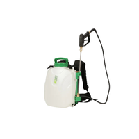 Front view of FlowZone Storm 2.5 backpack sprayer showing 2.5-gallon tank, ComfortStraps harness, 18V battery and spray wand, studio background.