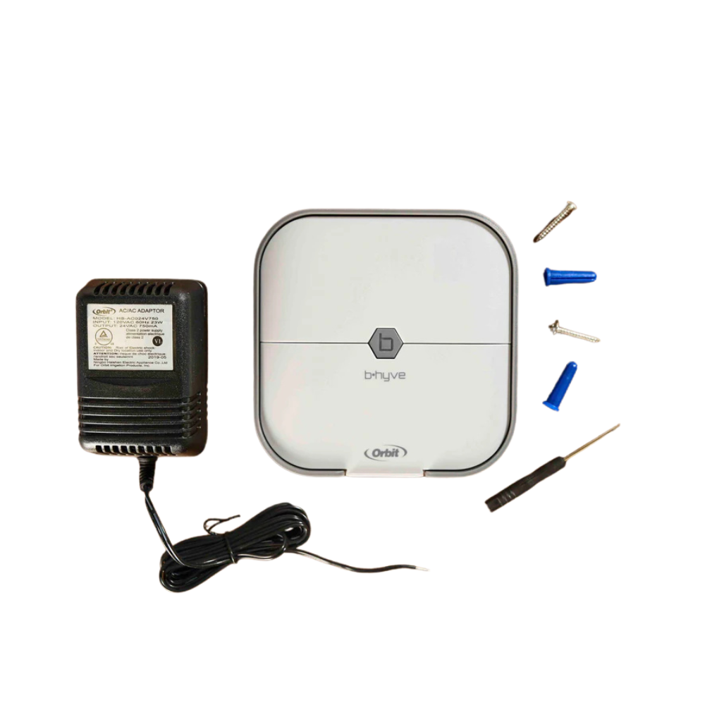 Side view of Orbit B-hyve indoor controller highlighting power cord, mounting slots, and compact design for indoor sprinkler control installations.