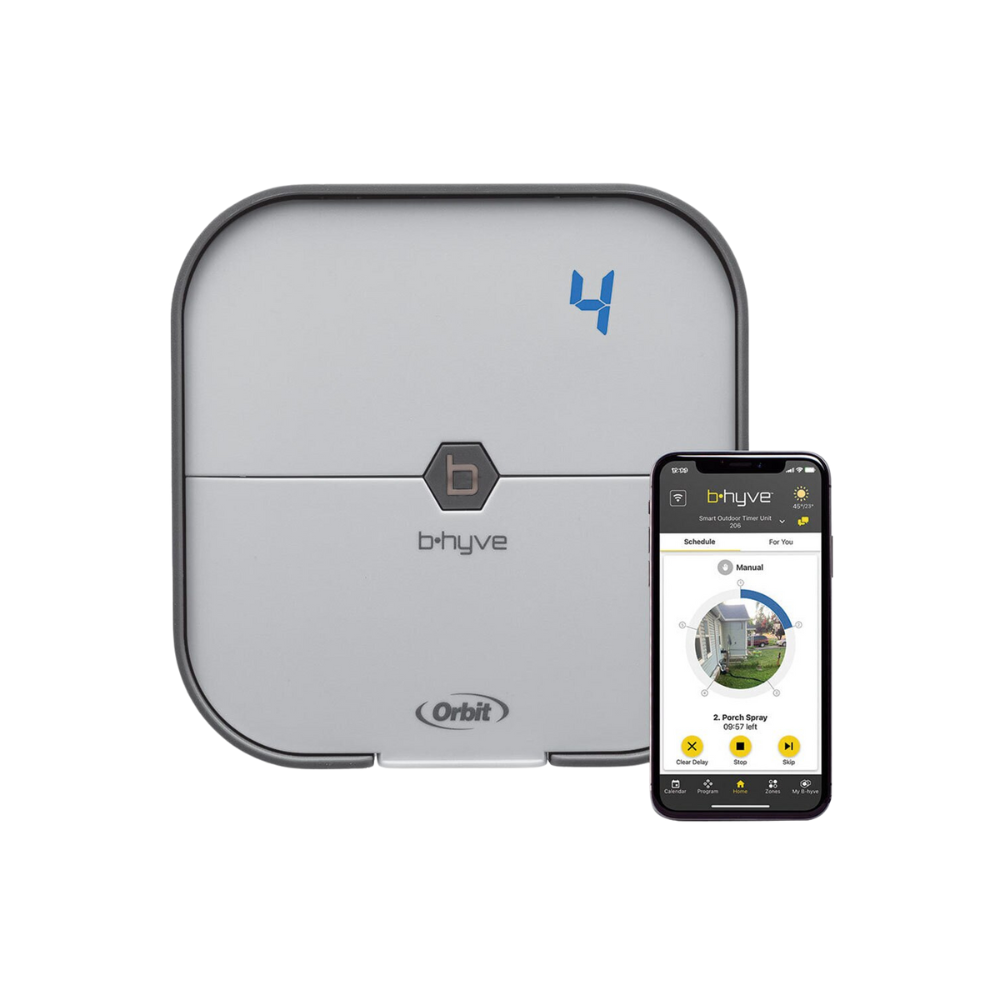 Front view of Orbit B-hyve 4-station indoor irrigation controller with digital display, buttons, and compact gray housing for wall mounting.