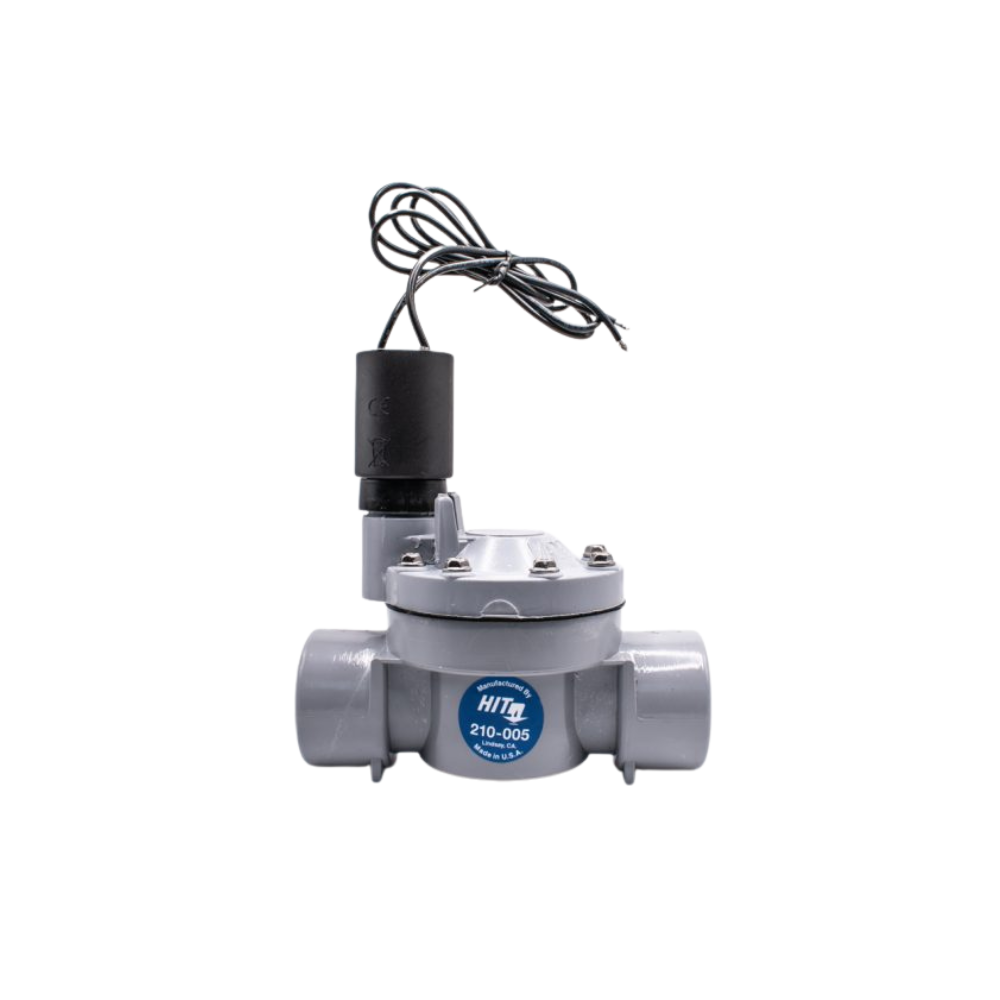 HIT PRODUCTS 200 Series 1 in. PVC in-line irrigation valve, slip inlet/outlet, manual bleed lever and top-mounted solenoid.