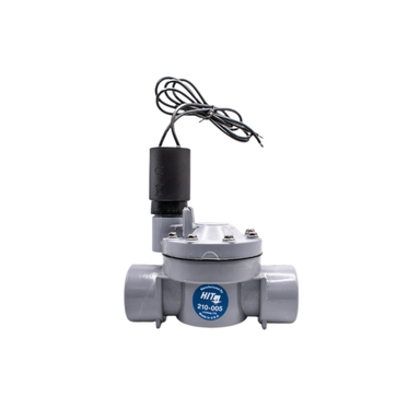 HIT PRODUCTS 200 Series 1 in. PVC in-line irrigation valve, slip inlet/outlet, manual bleed lever and top-mounted solenoid.
