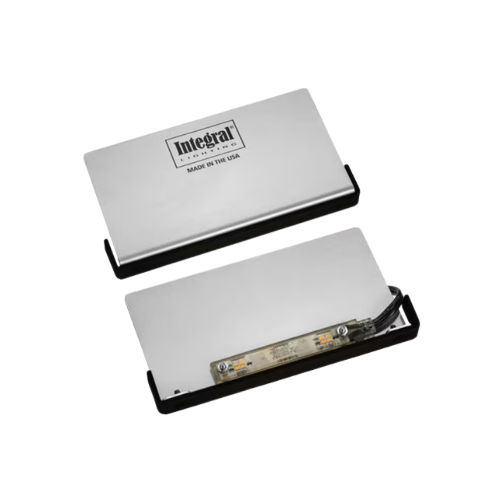 Black Integral IL6 LED fixture, 2W overmolded LED 4200K, close-up of faceplate and low-voltage 72-inch 18/2 leads for connection.