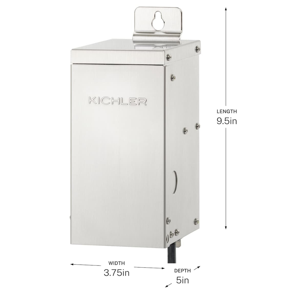 Side view of Kichler 15PC75SS Pro-Contractor transformer with side-swing door open to reveal angled terminal blocks and wiring access points.