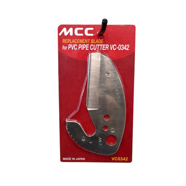Close-up of MCC VCE-0342 replacement blade for VC-0342 PVC pipe cutter, showing sharpened cutting edge and mounting hole.