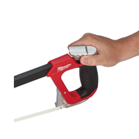 Side-angle image of Milwaukee 48-22-0050 hacksaw highlighting high-leverage tension knob and 45-degree blade mounting for flush cuts (product image).