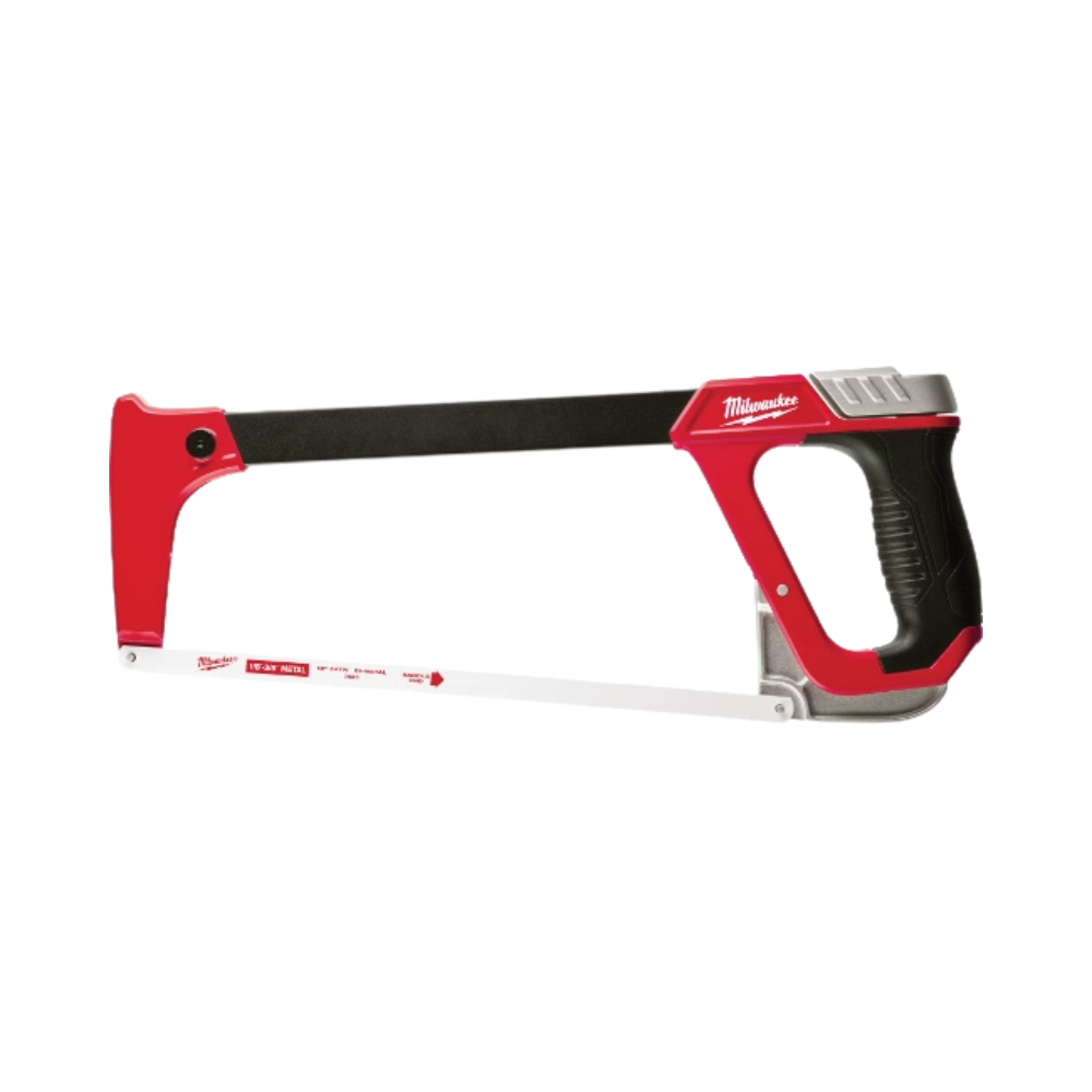 Front-facing view of Milwaukee 12in High-Tension Hacksaw model 48-22-0050 showing reinforced metal frame and overmolded handle for grip (product image).