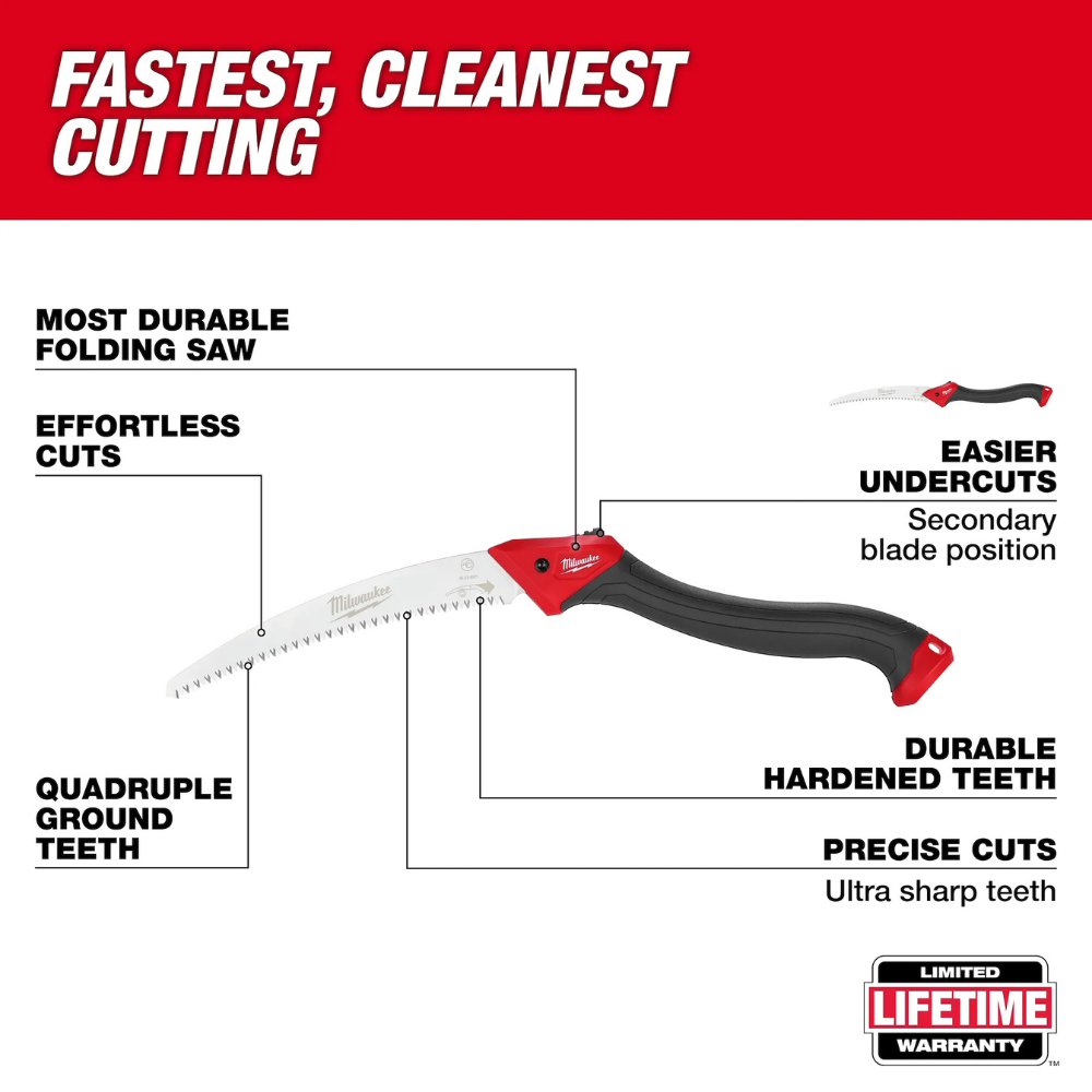 Close-up of Milwaukee pruning saw blade showing ultra-sharp, quadruple-ground hardened teeth and chrome-plated curved edge for clean, efficient cuts.
