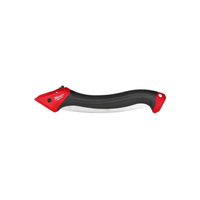 Folded Milwaukee 10-inch pruning saw in red and black handle, compact for storage with locking mechanism and tether-ready lanyard hole visible.