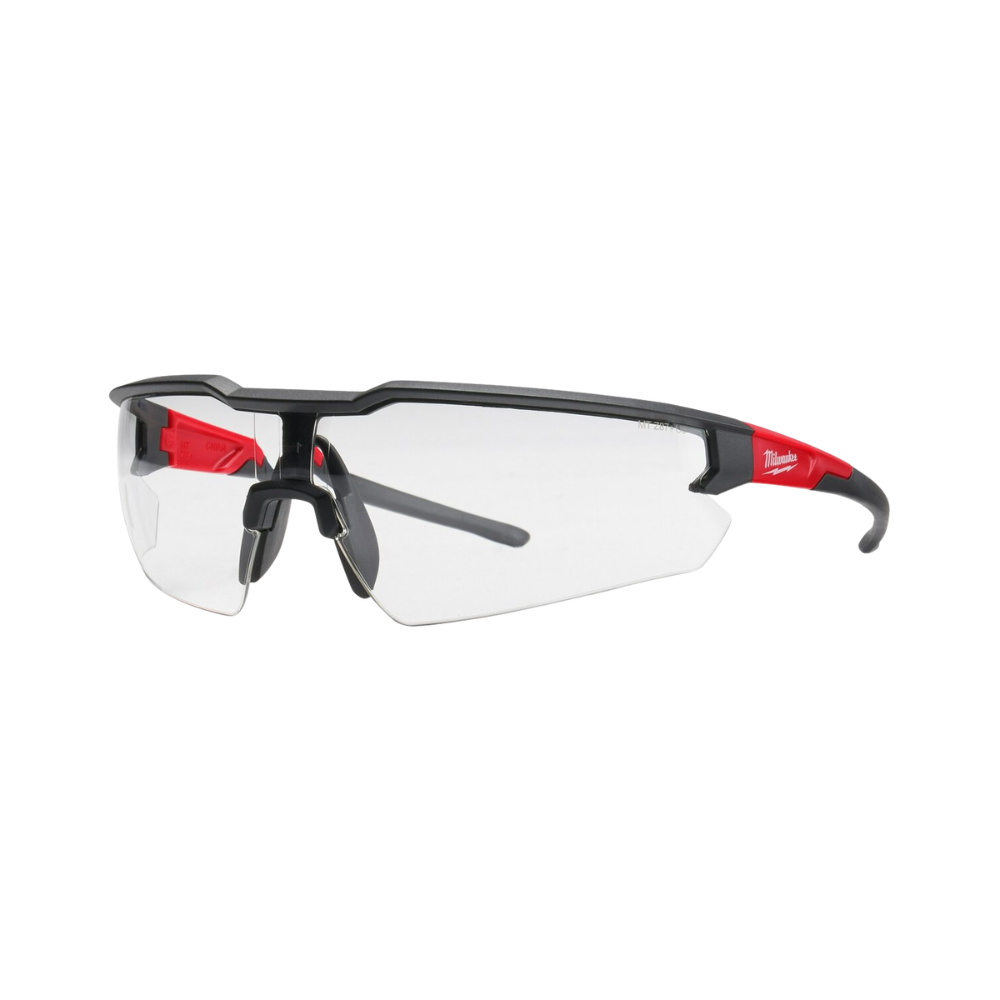 Clear-lens Milwaukee Anti-Scratch Safety Glasses displayed on white background, showing transparent polycarbonate lenses and slim temples.