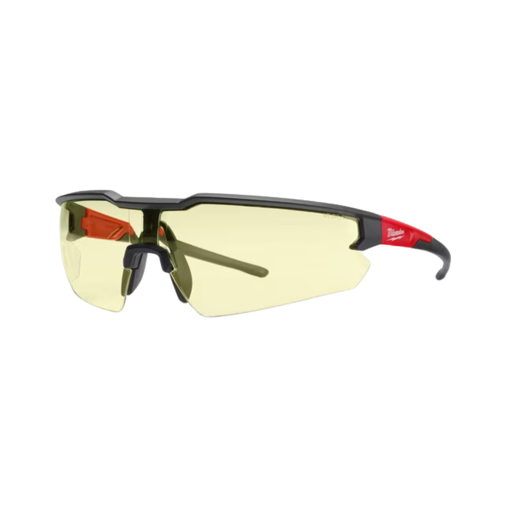 Milwaukee yellow anti-scratch safety glasses, close-up showing high-visibility yellow lenses ideal for low-light contrast enhancement.