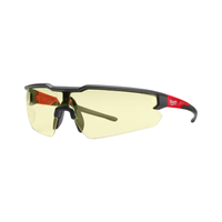 Milwaukee yellow anti-scratch safety glasses, close-up showing high-visibility yellow lenses ideal for low-light contrast enhancement.