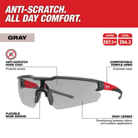 Side view of Milwaukee Anti-Scratch Safety Glasses in gray showing temple arm contour and flexible nose bridge engineered for extended wear.