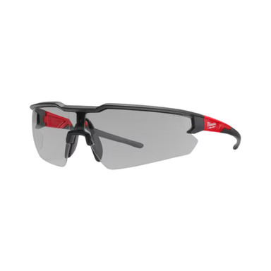 Front view of Milwaukee Anti-Scratch Safety Glasses in gray, highlighting full lens coverage and integrated flexible nose bridge for comfort.