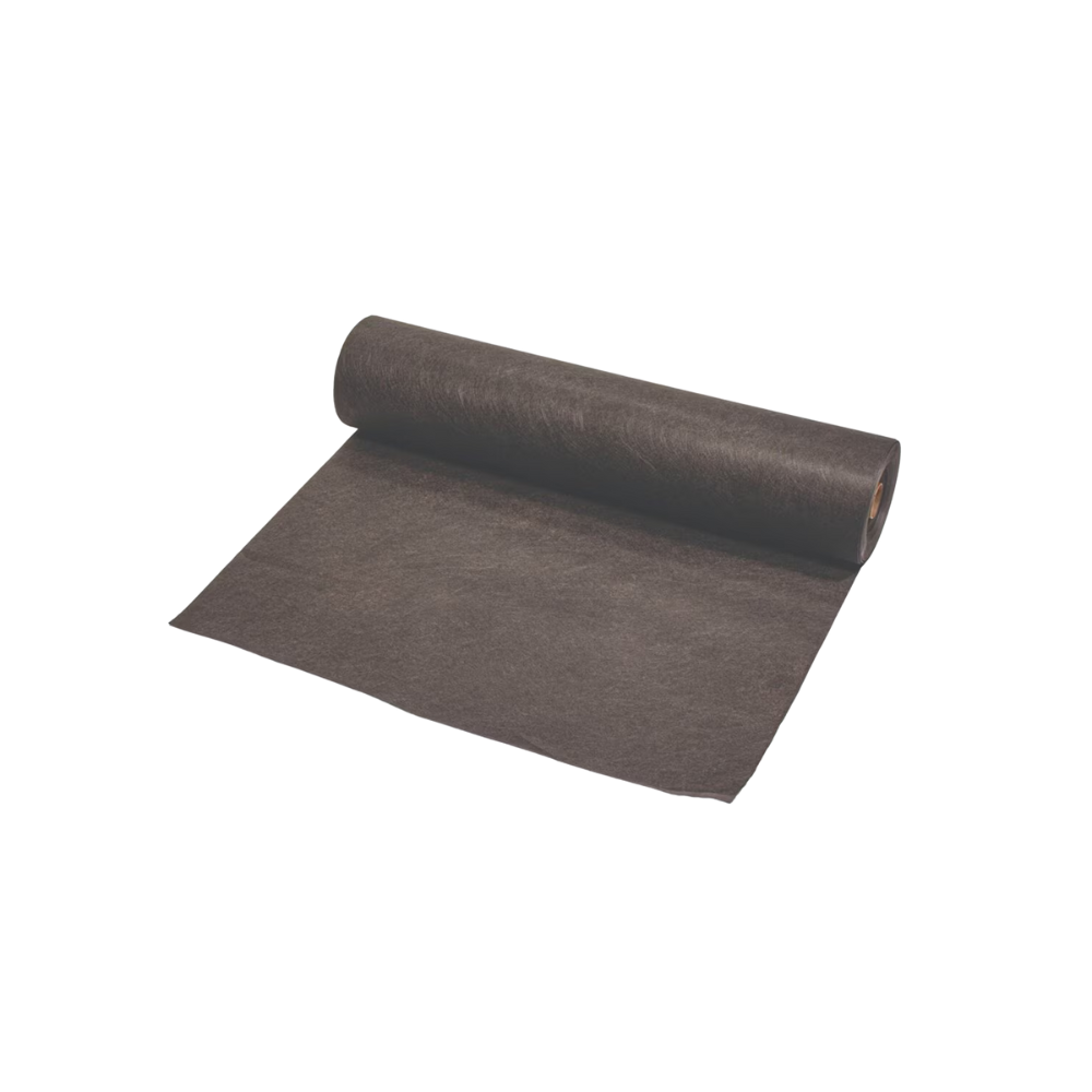 Roll of Pro-Trade 2.5 oz non-woven spunbond weed barrier fabric in black, labeled 3 ft x 50 ft, product packaging photo.