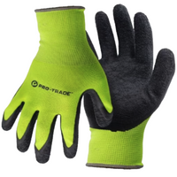 High-visibility yellow polyester glove displayed palm-up with black crinkle-finish latex palm and textured pattern for secure wet and dry grip.