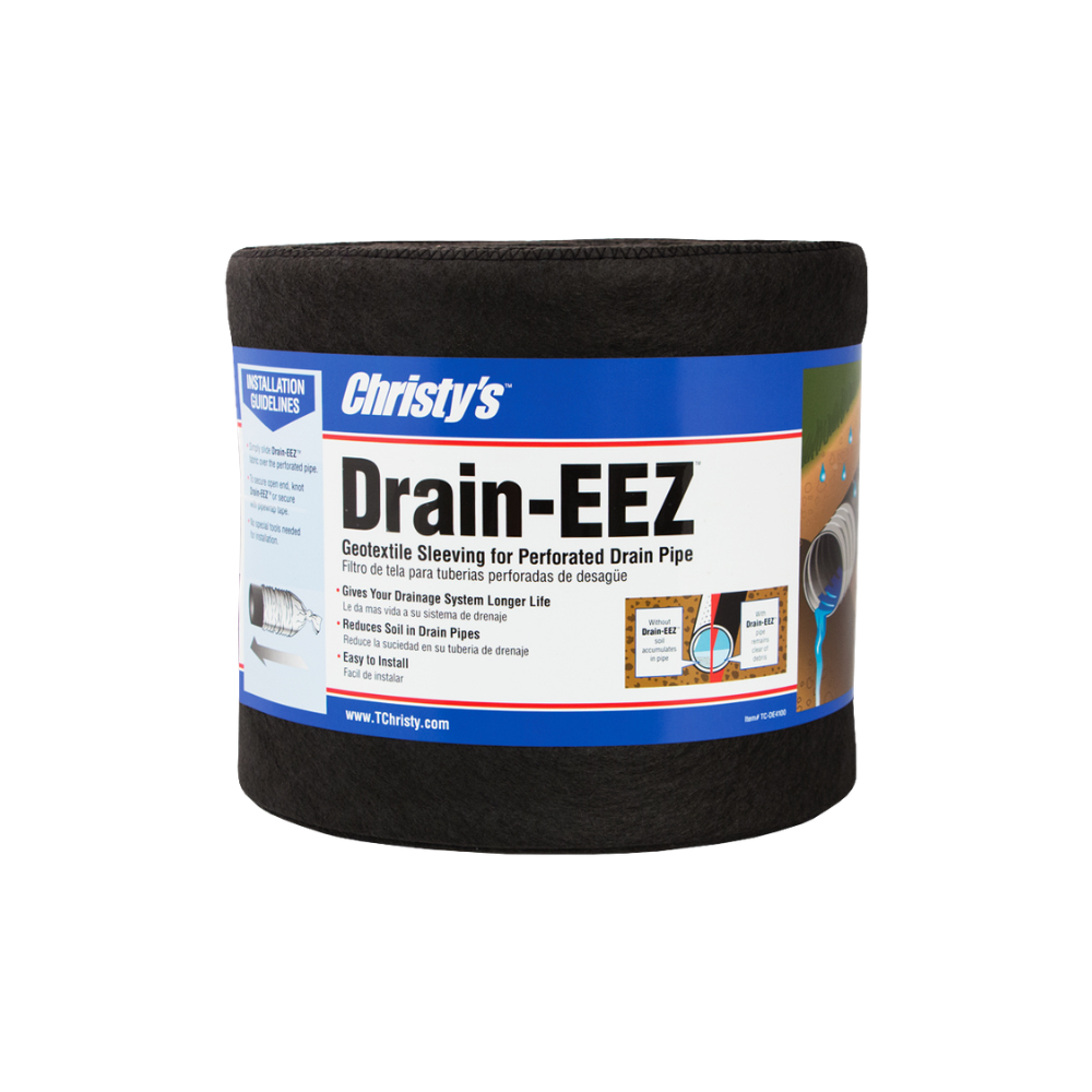 Front view of T. Christy Drain-EEZ drain sleeve in black, needle-punched polypropylene fabric sized for 6 in x 100 ft perforated pipe.