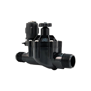 Male x barb Enduro model (E-100MBF) with flow control shown from an angle highlighting the valve body, solenoid, and inlet barb connection detail.